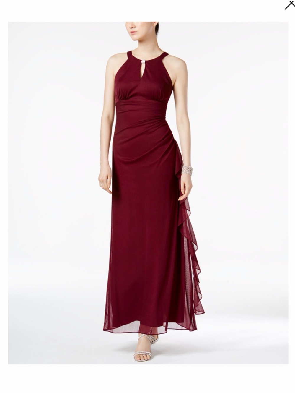 Betsy & Adam Wine Halter Maxi Dress with Side Ruffle